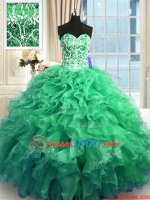 Eye-catching Turquoise Sweetheart Lace Up Beading and Ruffles Quinceanera Gown Sleeveless