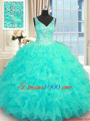 Aqua Blue Sleeveless Floor Length Beading and Ruffles Zipper 15 Quinceanera Dress