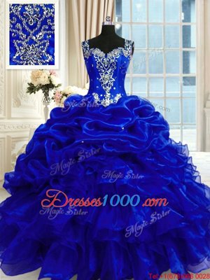 Designer Royal Blue Lace Up Straps Beading and Ruffles and Pick Ups Quinceanera Gowns Organza Sleeveless