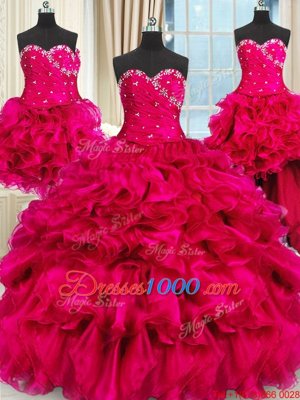 Four Piece Hot Pink Three Pieces Organza Sweetheart Sleeveless Beading and Ruffles and Ruching Floor Length Lace Up Sweet 16 Quinceanera Dress