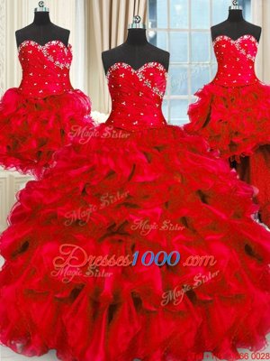 Four Piece Red Three Pieces Sweetheart Sleeveless Organza Floor Length Lace Up Beading and Ruffles and Ruching 15 Quinceanera Dress