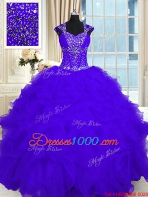 Purple Cap Sleeves Beading and Ruffles Floor Length Quinceanera Dresses