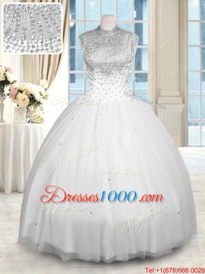 Enchanting White Tulle Zipper High-neck Sleeveless Floor Length 15 Quinceanera Dress Beading