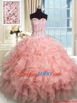 Pretty Sweetheart Sleeveless Organza 15th Birthday Dress Beading and Ruffles Lace Up