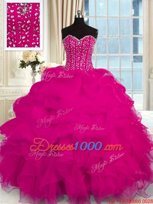 Enchanting Fuchsia Ball Gowns Organza Sweetheart Sleeveless Beading and Ruffles Floor Length Lace Up Sweet 16 Dresses