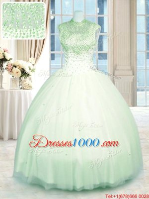 Floor Length Zipper Vestidos de Quinceanera Apple Green and In for Military Ball and Sweet 16 and Quinceanera with Beading