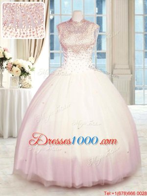 Baby Pink Sleeveless Tulle Zipper Quinceanera Gown for Military Ball and Sweet 16 and Quinceanera