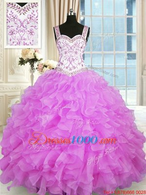 Straps Sleeveless Sweet 16 Dresses Floor Length Beading and Ruffles Lilac Organza