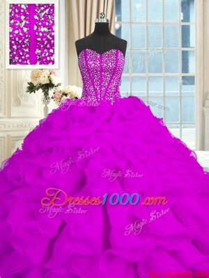 Adorable Purple Sleeveless Brush Train Beading and Ruffles With Train Quinceanera Gowns