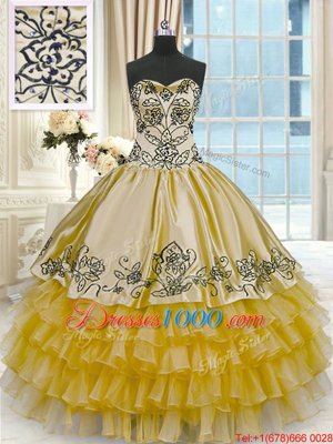 Fashion Gold Ball Gowns Beading and Embroidery and Ruffled Layers Sweet 16 Quinceanera Dress Lace Up Organza and Taffeta Sleeveless Floor Length