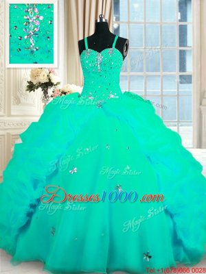 Glamorous Turquoise Sleeveless With Train Beading and Ruffles Lace Up Quinceanera Gowns