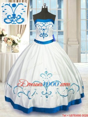 Charming White Lace Up Strapless Beading and Embroidery Quinceanera Gowns Satin Sleeveless