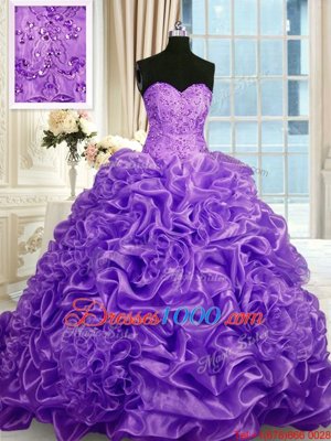 Low Price Lavender Ball Gown Prom Dress Military Ball and Sweet 16 and Quinceanera and For with Beading and Pick Ups Sweetheart Sleeveless Sweep Train Lace Up