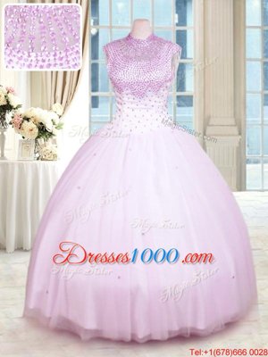 High-neck Sleeveless Zipper Quince Ball Gowns Lilac Tulle