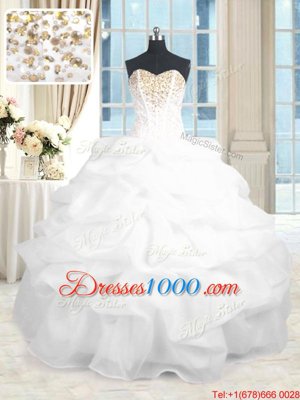Fantastic Organza Sweetheart Sleeveless Lace Up Beading and Ruffles Ball Gown Prom Dress in White