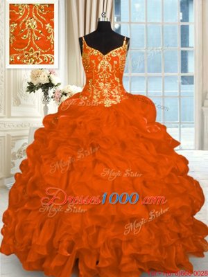 Wonderful Orange Red Lace Up Spaghetti Straps Beading and Ruffles Vestidos de Quinceanera Organza Sleeveless Brush Train