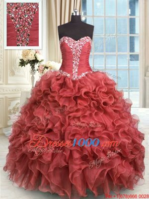 Graceful Floor Length Lace Up 15 Quinceanera Dress Rust Red and In for Military Ball and Sweet 16 and Quinceanera with Beading and Ruffles
