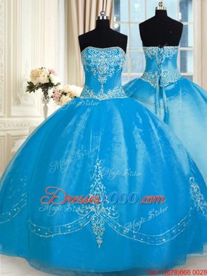 Shining Baby Blue Sleeveless Tulle Lace Up Sweet 16 Dresses for Military Ball and Sweet 16 and Quinceanera