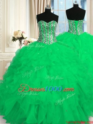 Admirable Turquoise Sweetheart Lace Up Beading and Ruffles Ball Gown Prom Dress Sleeveless