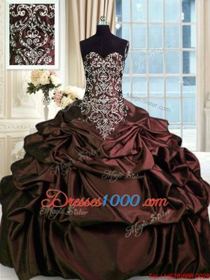 Glorious Sleeveless Taffeta Floor Length Zipper 15th Birthday Dress in Burgundy for with Beading and Embroidery and Pick Ups