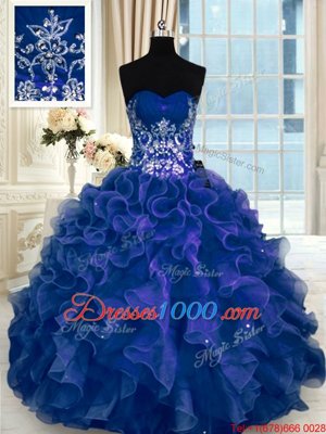 Sleeveless Organza Floor Length Lace Up Quinceanera Gowns in Navy Blue for with Beading and Appliques and Ruffles