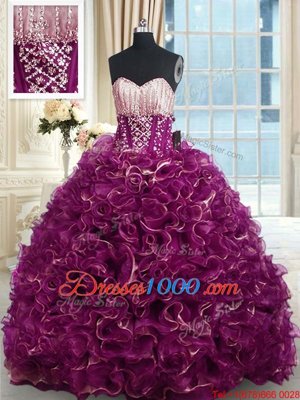 Attractive Organza Sleeveless With Train 15th Birthday Dress Brush Train and Beading and Ruffles