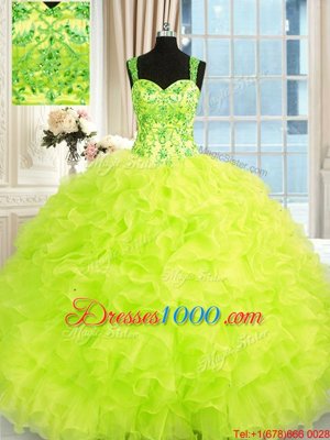Yellow Green Lace Up Straps Beading and Embroidery and Ruffles Ball Gown Prom Dress Organza Sleeveless