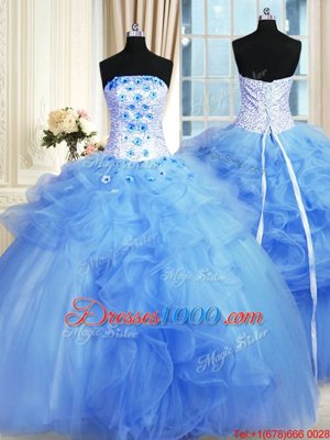 Latest Pick Ups Floor Length Blue Sweet 16 Dresses Strapless Sleeveless Lace Up