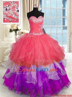 Glittering Multi-color Organza Lace Up Ball Gown Prom Dress Sleeveless Floor Length Beading and Appliques