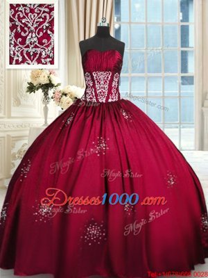 Wine Red Ball Gowns Beading and Appliques and Ruching Quinceanera Dresses Lace Up Taffeta Sleeveless Floor Length