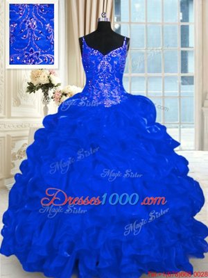 Top Selling Royal Blue Spaghetti Straps Neckline Beading and Embroidery and Ruffles and Pick Ups Sweet 16 Dresses Sleeveless Lace Up