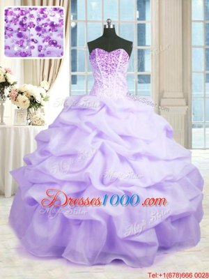 Fantastic Lavender Ball Gowns Sweetheart Sleeveless Organza Floor Length Lace Up Beading and Ruffles 15 Quinceanera Dress