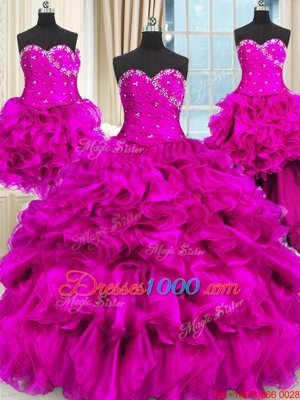 Four Piece Organza Sleeveless Floor Length Quinceanera Dresses and Beading and Ruffles and Ruching