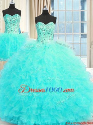 High Quality Three Piece Floor Length Ball Gowns Sleeveless Aqua Blue Quince Ball Gowns Lace Up