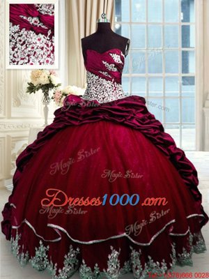 Unique Sweetheart Sleeveless Sweet 16 Dresses With Brush Train Beading and Appliques and Pick Ups Wine Red Taffeta