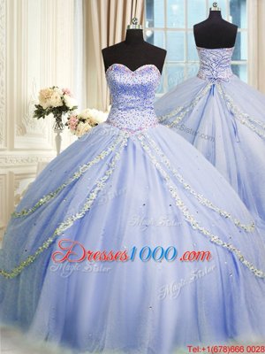 Wonderful Tulle Sweetheart Sleeveless Brush Train Zipper Beading and Appliques Sweet 16 Dresses in Lavender
