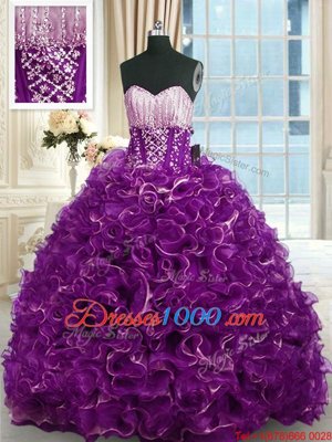 Fabulous Beading and Ruffles Sweet 16 Dresses Purple Lace Up Sleeveless With Brush Train