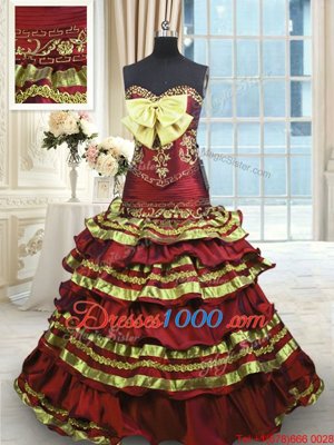 Fashion Wine Red A-line Taffeta Sweetheart Sleeveless Appliques and Embroidery and Ruffled Layers and Bowknot Lace Up Quinceanera Gowns Sweep Train