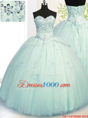 Traditional Sleeveless Tulle Floor Length Lace Up Sweet 16 Quinceanera Dress in Apple Green for with Beading and Appliques
