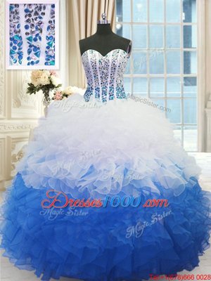 Blue And White Organza Lace Up Sweetheart Sleeveless Floor Length Sweet 16 Quinceanera Dress Beading and Ruffles