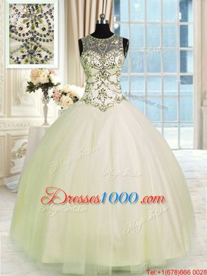 Scoop Floor Length Champagne Vestidos de Quinceanera Tulle Sleeveless Beading