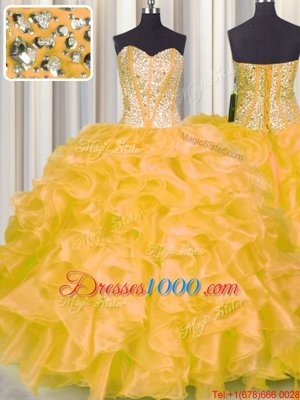 Gold Organza Lace Up Sweetheart Sleeveless Floor Length Quinceanera Gown Beading and Ruffles