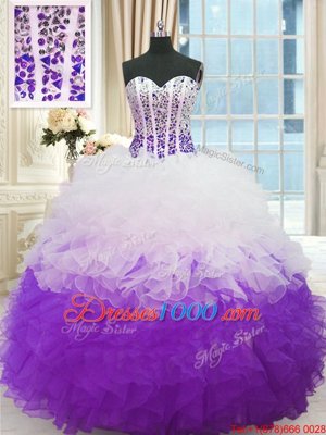 Pretty White And Purple Lace Up Sweetheart Beading and Ruffles Sweet 16 Dresses Organza Sleeveless