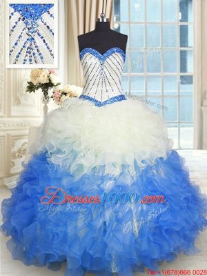 Floor Length Blue And White Sweet 16 Quinceanera Dress Organza Sleeveless Beading and Ruffles