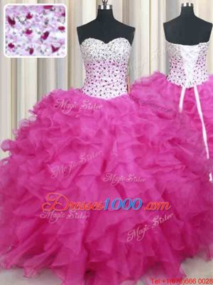 Halter Top Sleeveless Organza Floor Length Lace Up 15 Quinceanera Dress in Hot Pink for with Beading and Ruffles