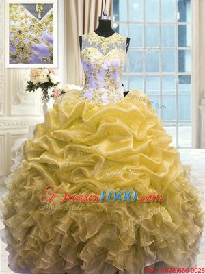 High Quality Scoop Floor Length Ball Gowns Sleeveless Gold Quince Ball Gowns Zipper