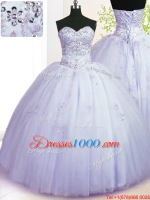 Simple Lavender Ball Gowns Tulle Sweetheart Sleeveless Beading and Appliques Floor Length Lace Up Sweet 16 Dress