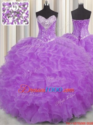 Excellent Halter Top Sleeveless Sweet 16 Dresses Floor Length Beading and Ruffles Purple Organza