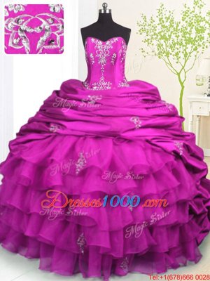 Modern Pick Ups Ruffled Fuchsia Sleeveless Organza and Taffeta Brush Train Lace Up Quinceanera Dresses for Military Ball and Sweet 16 and Quinceanera