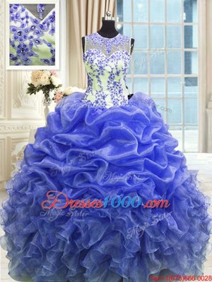 Attractive Scoop Sleeveless Organza Floor Length Zipper Quinceanera Dress in Blue for with Beading and Ruffles